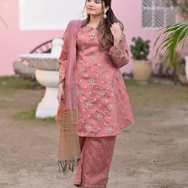 Three-Piece Raw-silk Embroidered Pishwas Suit- Ready to wear