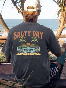 Men's Letter & Coconut Tree Print Round Neck Tee, Loose Casual Short Sleeve T-shirt for Summer, Men's Top for Beach Vacation