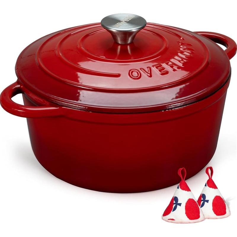 4.5QT/4.2L Enamelled Cast Iron Round Casserole Pot With Lid Cookbook & Cotton Potholders - Non-stick Dutch Oven Cookware for Braising, Stews, Roasting, Bread Baking - Cherry red, 24cm 0