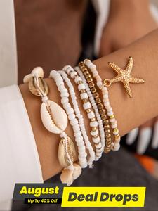 Boho Style Shell & Starfish Decor Beaded Bracelets, Stackable Bracelets, Bohemian Bracelets, Women's Creative Fashion Hand Jewelry for Party, Daily Clothing Decor, Trendy & Exquisite Jewelry for Gift, Gifts for Her, Adjustable Beaded Design
