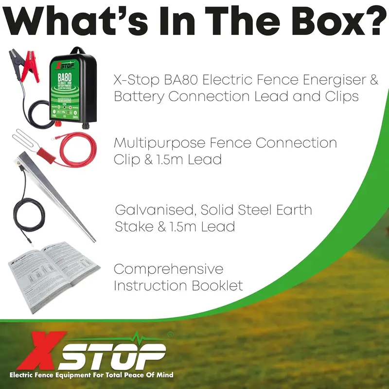 12 Volt Battery Powered Electric Fence Energiser XSTOP BA80 10Km Range, 0.6 Joule Output, Weatherproof Kit Includes Leads and Earth Stake. For Horses and Other Animals 2