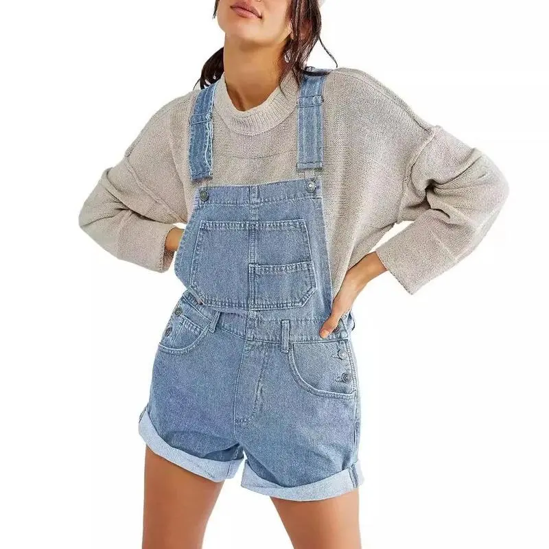 【2025】Women's Summer Fashion Denim Overalls Jumpsuit, Solid Color Loose Commuter Multi-pocket Cuffed Denim Shorts Jumpsuit Suspenders