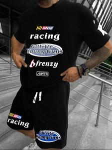 Men's Letter Print Short Sleeve Tee & Track Shorts Set, Regular Fit Round Neck T-shirt & Track Shorts, Casual Summer Clothes Set for Outdoor