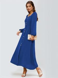 Women's Solid Bishop Sleeve Button Front Square Neck Dress, Elegant Long A-line Dresses, Festival Outfits, Holiday Dresses, Lady Dress for Work Office