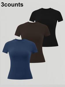 Women's Solid Round Neck Short Sleeve Sports Tee, Breathable Comfortable Sports T-shirt for Daily Outdoor Wear, Ladies Sportswear for Summer