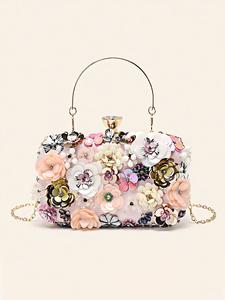 Elegant 3d Colorful Flower Design Evening Bag, Girlfriend Gifts, Exquisite Rhinestone Decorated Handbag with Chain Strap, Fashionable Bag for Party & Banquet Valentine's Day Gift for Girl