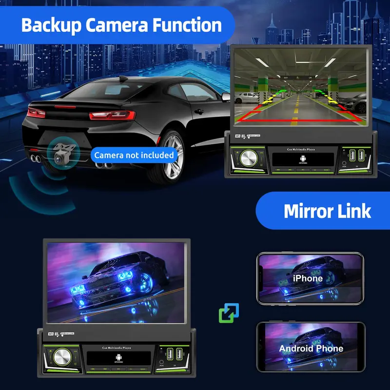 ESSGOO Single 1 DIN 7 Inch Flip Out Screen Android 13 Auto Car Stereo Radio Apple Carplay GPS Navigation Wifi FM RDS Bluetooth 4