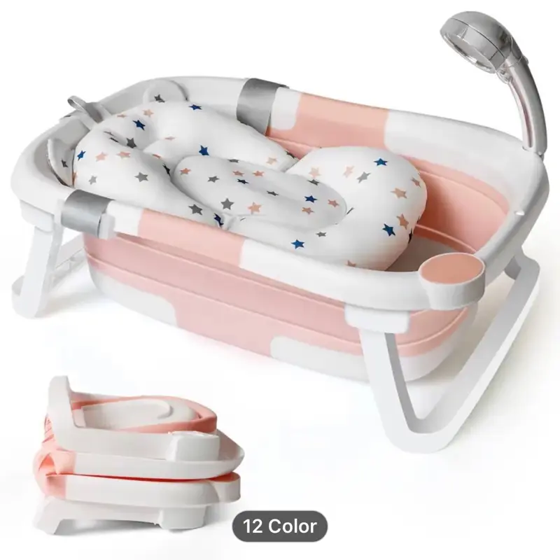 Baby Bath Tub Foldable Bathtub with Soft Support Cushion Pad Seat Mat for Newborns and Toddlers, Ideal for Travel, Festivals and Everyday Use