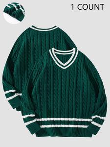 Men's Colorblock Striped Print Textured Sweater , Casual Long Sleeve V Neck Jumper for Fall & Winter, Men's Clothes for Daily Wear