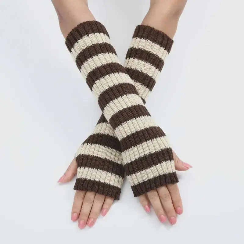 Women's Striped Knit Arm Warmers – 30cm Long Fingerless Gloves – Ideal for Gothic & Everyday Casual Wear 3