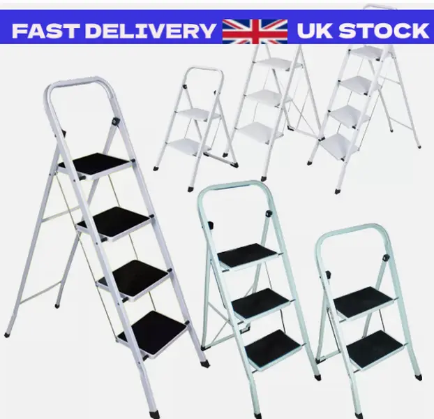 FOLDABLE 2, 3 & 4 STEP STEEL LADDER NON SLIP TREAD STEPLADDER SAFETY KITCHEN