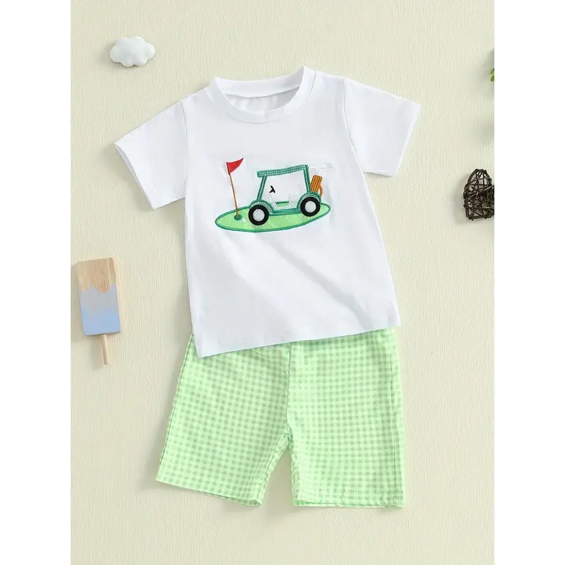 Boys Summer Shorts Sets Short Sleeve O Neck Chick/Golf Court/Cattle Head Embroidery Tops Plaid Shorts Sets 2