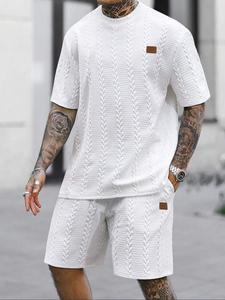 Men's Cable Textured Patched Short Sleeve Tee & Drawstring Waist Shorts Two-Piece Set, Casual Fashion Cozy Breathable Men Outfits for Summer, Men Clothes Set for Daily Wear