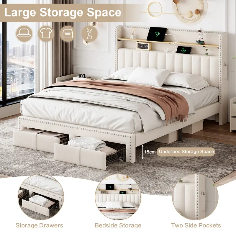 4ft6 Double Upholstered Bed with 2 Storage Drawers, Riveted Storage Bed with Charging and Lighting, Linen Platform Bed Frame No Box Spring Needed, Easy Assembly, Beige (No Mattress) 5