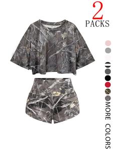 Women's Solid/all Over Print Crop Tee & Shorts Two-piece Set, Casual Short Sleeve T-shirt & Shorts for Daily Wear, Ladies Summer Travel Clothes, Shortsleeve Womenswear, Summer Outfits Set, Summer Clothing Set, Matching Sets, Beach Outfits Set