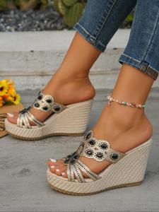 Women's Fashionable Wedge Sandals, Boho Style Rhinestones Decorated Sandals for Summer, Non-slip Comfortable Sandals for Daily Wear