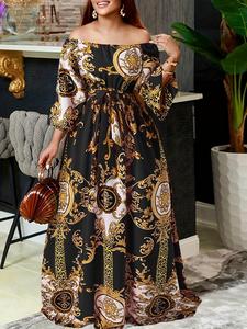 Women's Baroque Print Belted Off Shoulder A Line Dress, Boho Fashion Gypsy Bishop Sleeve Long Dress for Holiday Vacation Wear, Holiday Dresses