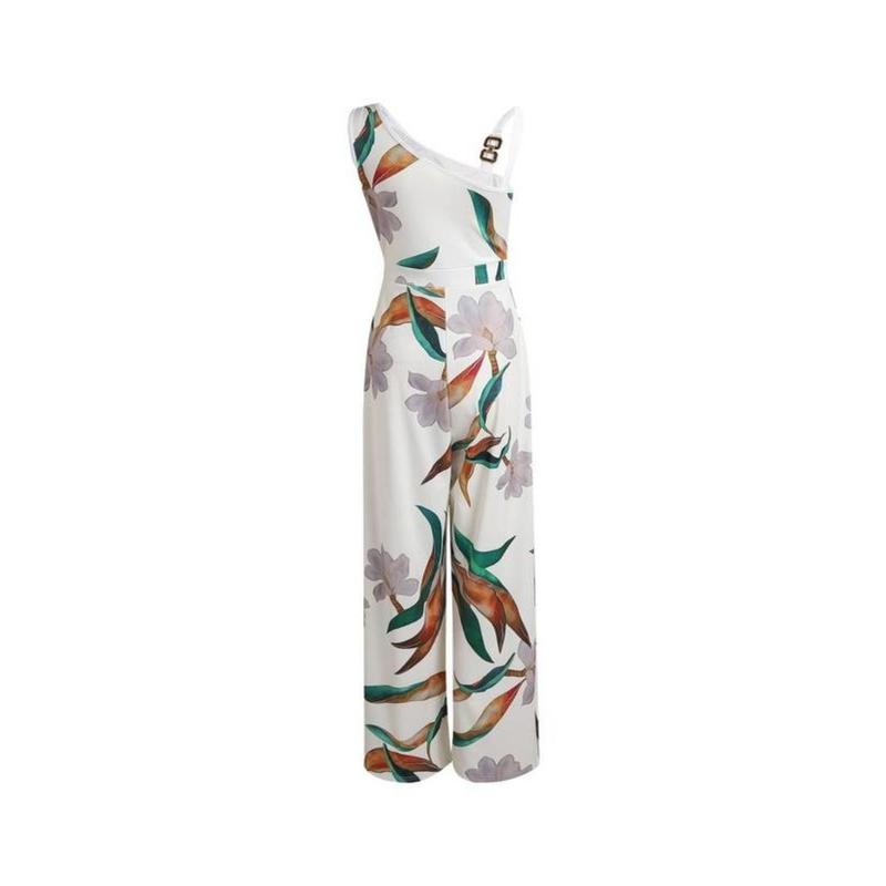 Women's Floral Print Ring Linked Asymmetrical Neck Plicated Jumpsuit, Boho Casual High Waist Wide Leg Jumpsuit for Summer, Summer Clothes 6