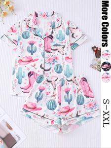 Women's All Over Print Button Front Top & Elastic Waist Shorts Pyjama Two-piece Set, Casual Comfy Short Sleeve Top & Shorts Pj Set, Ladies Sleepwear for All Seasons, Step Mom Christmas Pajamas, Casual Pajama Sets