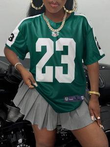 Women's Letter & Number Print V Neck Tee, Casual Comfy Baggy Short Sleeve T-shirt for Summer, Fashion Women's Knit Top for Daily Wear, Womenswear, Soft Streetwear, Summer Tops, Everyday