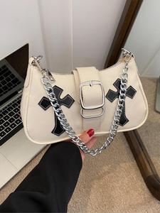 Women's Fashionable Cross Patched Shoulder Bag, Stylish Chain Bags, Crossbody Bag Women, Casual Trendy Versatile High-quality Daily Elegant Commuter Bag, Girl Fashionable Shopping Purse, Everyday Shoulder Bag