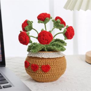 Handmade Crochet Rose Potted Plant, Cute Artificial Potted Plant, Desktop Decorative Ornament for Home Office, Gift for Mom, Teacher, Friend, Fruit