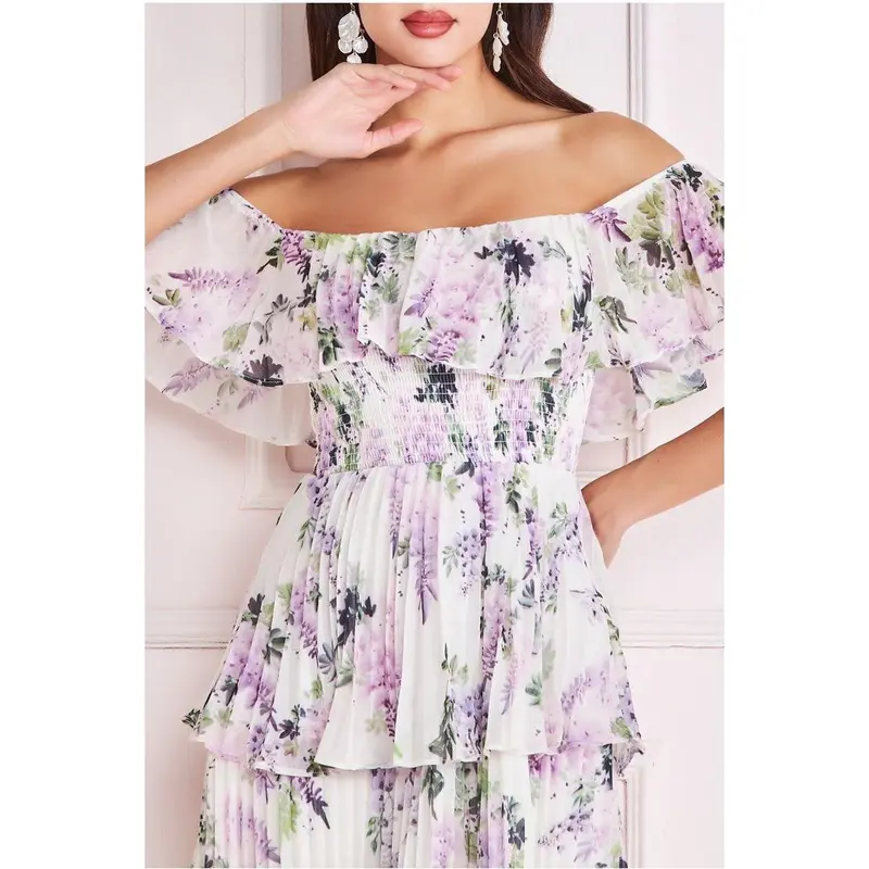 Shirred Chiffon Floral Bardot Midi Dress - Multi by Goddiva 3