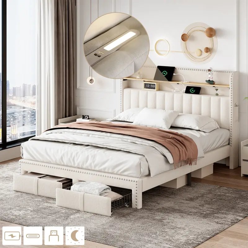 4ft6 Double Upholstered Bed with 2 Storage Drawers, Riveted Storage Bed with Charging and Lighting, Linen Platform Bed Frame No Box Spring Needed, Easy Assembly, Beige (No Mattress) 3