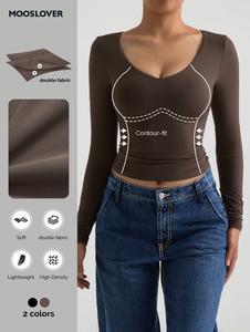 Mooslover 120g Ultra-Stretch Fabric Long Sleeve Top V-neck Ultra-Soft Lightweight Silky Smooth Comfort Womenswear Knitted Breathable Skinny Casual Basic Wear for Everyday