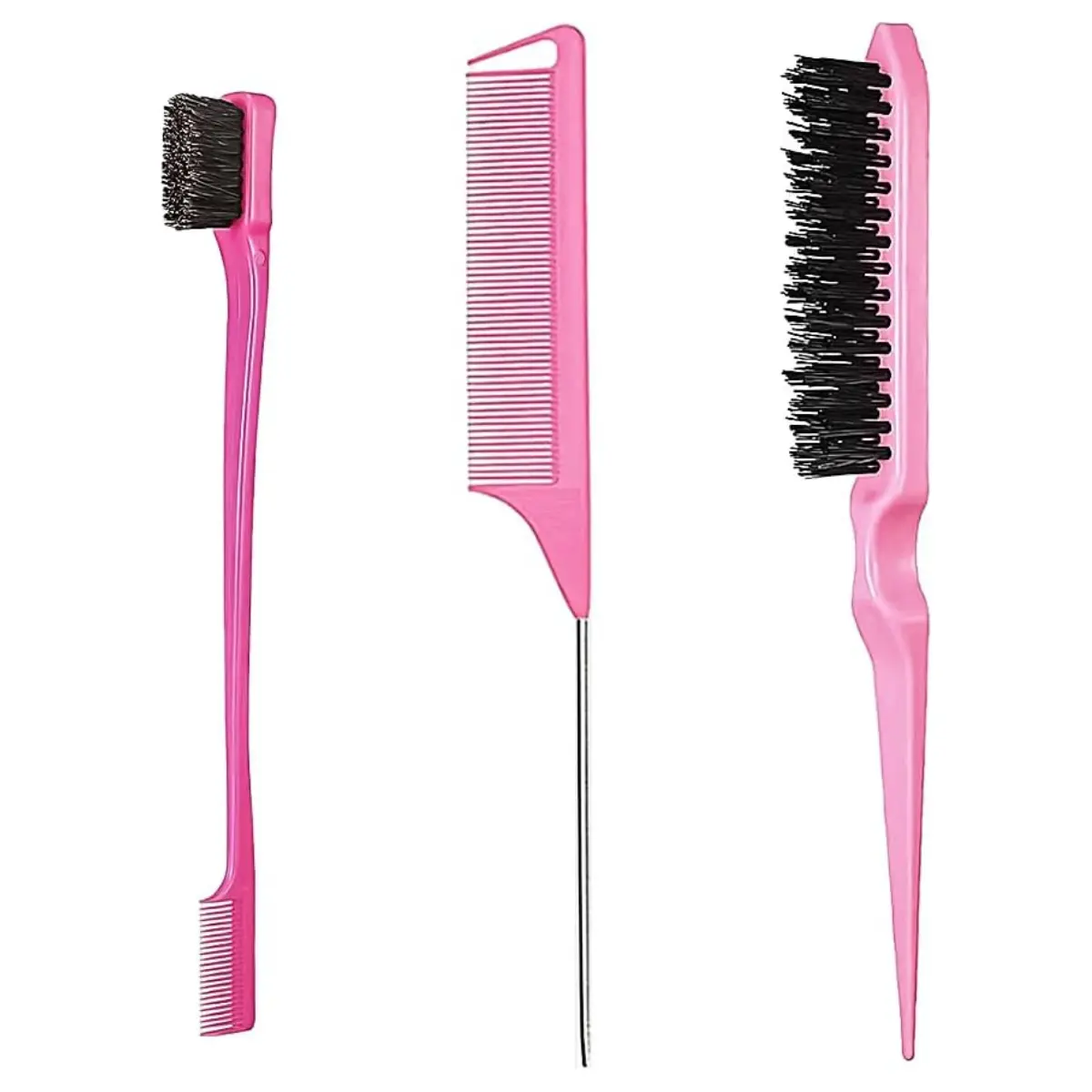 3 Pieces Hair Styling Comb Set, Double Sided Edges Brush, Teasing Hair Brush Rat Tail Comb, Plastic Bristle Hair Brush, Edge Control Brush, for Home, Hairdressers(Pink)