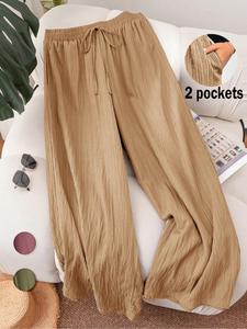 【Plus Size】 Solid Pocket Wide Leg Pants, Casual Comfy Trousers for Daily Wear, Women's Bottoms for Summer