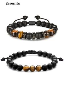 Adjustable Beaded Bracelet (2counts), Natural Tiger Eye Beaded Bracelet, Fashion Accessories for Men & Women for Party, Daily Clothing Decor, Birthday Gift
