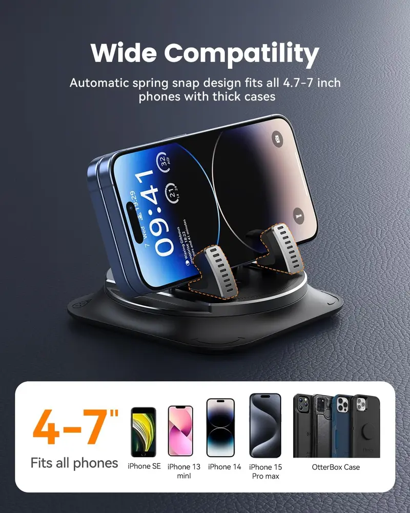 360° Rotation Dashboard Phone Holder for Car, One-Hand Operation Mount with Anti-Slip Grip & Adjustable Spring Clip, Compatible with iPhone & Samsung, with Tray