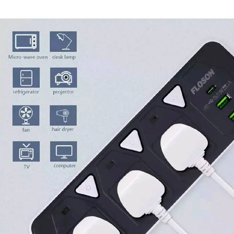 5M Extension Lead with 2 USB Cable Electric Plug Socket UK Mains 3 Gang Way UK 3