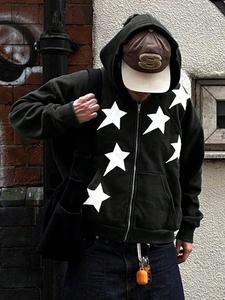 Men's Star Print Zip Up Hoodie, Casual Loose Drop Shoulder Long Sleeve Hooded Sweatshirt for Daily Wear, Men's Clothes for All Seasons