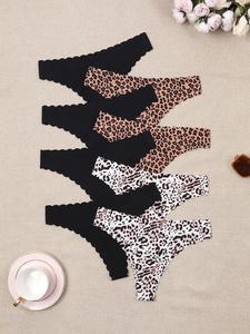 Women's Plain/leopard Print Scallop Trim Thong, Intimate Products, Soft Comfy Breathable Seamless Panty for Daily Wear, Women's Underwear for All Seasons, Underwear for Women, Womenswear, Stretchy Panty