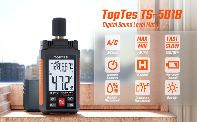 Product Introduction of Decibel Meter, TopTes TS-501B Sound Level Meter with A/C Weighting, Measuring Range 30 to 130 dB, SPL Tester for Noise Control, 2.25-inch Backlit LCD Display, MAX/MIN, Data Hold - Orange 2