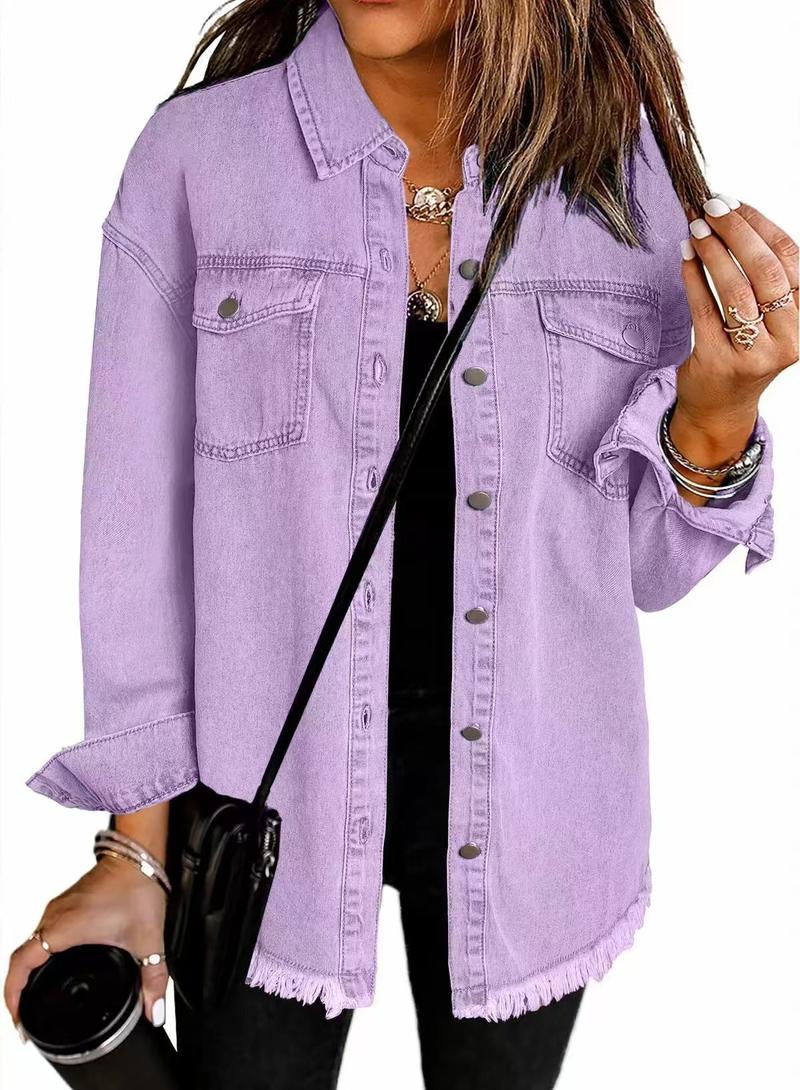 Product Introduction of Women's Denim Coat with Wiped Edge and Pockets - Pure Color Single-Breasted Cardigan Jacket for Loose Fit - Womenswear, Tops 14