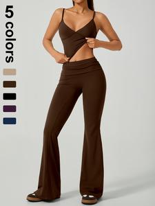 Two-Piece Set Women's Solid Crop Tank Top & Flare Leg Pants, Sporty Casual Removable Chest Pads Two-piece for Yoga Gym Workout Running, Ladies Sportswear for All Seasons