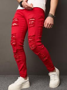 Men's Solid Color Ripped Jeans, Casual Comfy Jeans for Daily Wear, Fashion Men's Bottoms for All Seasons