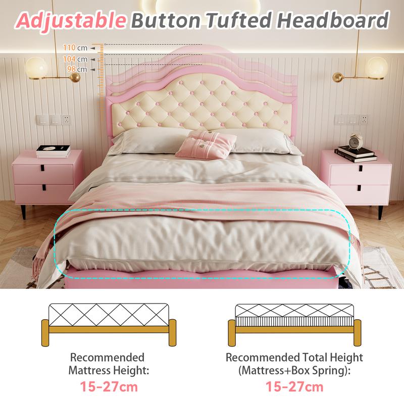 3ft/4ft6 Double Upholstered Bed Frame with Adjustable Chic Button-Tufted Headboard, PU Faux Leather Bed Frame with Solid Wood Slat, No Box Spring Needed, Easy Assembly, Pink+Beige (No Mattress) 2