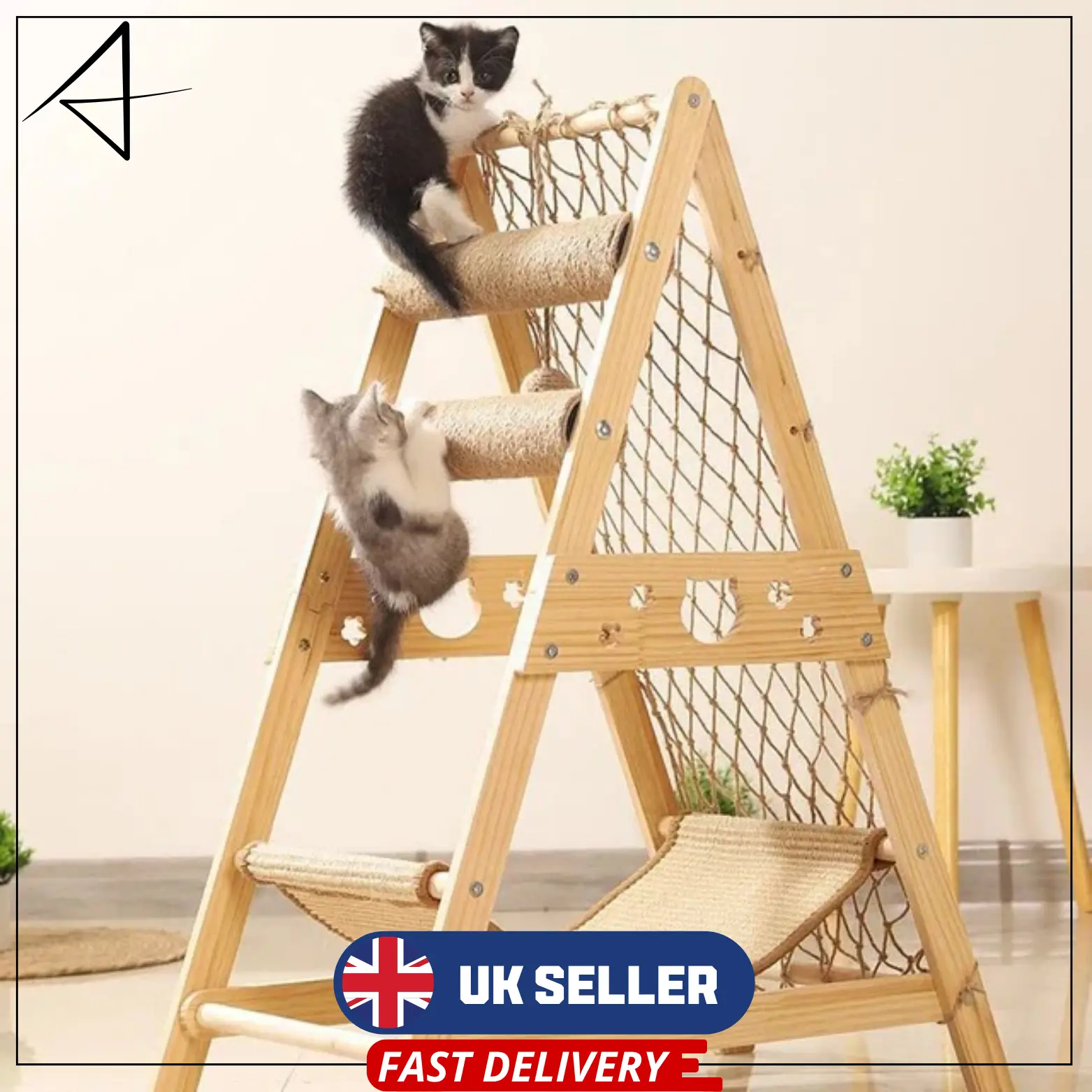 Multi-Level Cat Tree with Hammock – Wooden Scratching Tower, Climbing Frame & Teasing Ball | Pet Furniture for Play & Rest