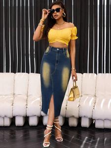 Women's Split Hem Denim Skirt, Fashion Casual High Waisted Skirt for Daily Outdoor Wear, Ladies Bottoms for Summer, Womenswear, High Low Skirts, Slit Hem Skirt