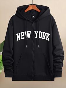 Unisex Trendy NEW YORK Print Drawstring Hoodie, Men's Casual Kangaroo Pocket Long Sleeve Full-Zip Hooded Sweatshirt, Men's Spring & Fall Clothing