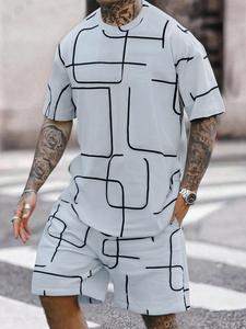 Men's Geometric Print Short Sleeve Tee & Shorts Set, Regular Fit Casual Fashion Cozy Round Neck T-shirt & Track Shorts, Men Two-piece for Summer