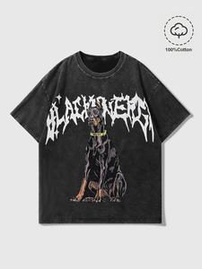 Unisex 100% Cotton Doberman Pinscher & Letter Print Washed Distressed Crew Neck Tee, Regular Fit Street Fashion Casual Comfy Short Sleeve Round Neck T-shirt for Daily Wear, Trendy Top for All Seasons