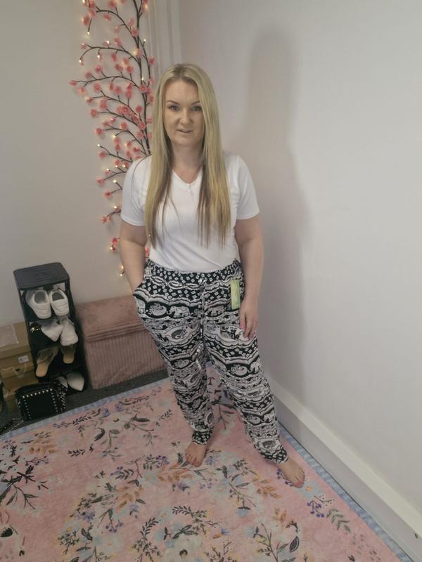 QTL - Elephant Print Trousers (Sized) 12-24 Hemmed bottom , 28 inch inside leg, cute , summer , soft , lightweigh , elasticated waistband Casual Comfort Comfortable Lightweight Pants Style Womenswear Fit 5
