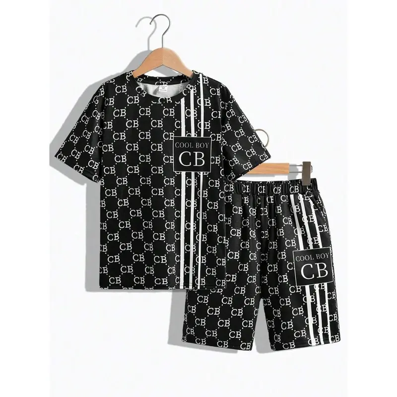 Tween Boys' Loose Fit Casual Round Neck Patterned Short Sleeve T-Shirt And Shorts Set Matching Set 0