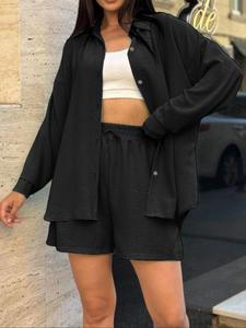 Women's Solid Color Button Shirt & Shorts Two-piece Set, Casual Minimalist Short Sleeve Collar Top & Shorts for Summer, Ladies Clothes for Daily Wear, Womenswear, Fall outfit