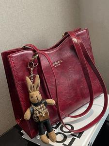 Women's Minimalist Design Zipper Purse Tote Bag, Fashionable Durable Solid Color Large Capacity Casual Leather Fabric Shoulder Bag with Rabbit Charm, Female Trendy Commuter Tote Bag for Women for Work, Everyday Elegant Commuter Bag, Purses, Daily Use